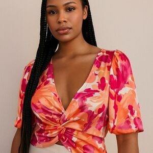 Astr Pink and Orange Floral Twist-Front Blouse